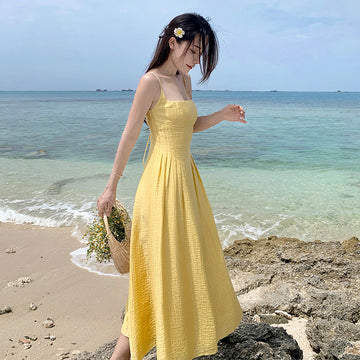 Yellow Bareback Strap Sling Sexy Dress Seaside Holiday Dress Waist And Ankle Beach Dress